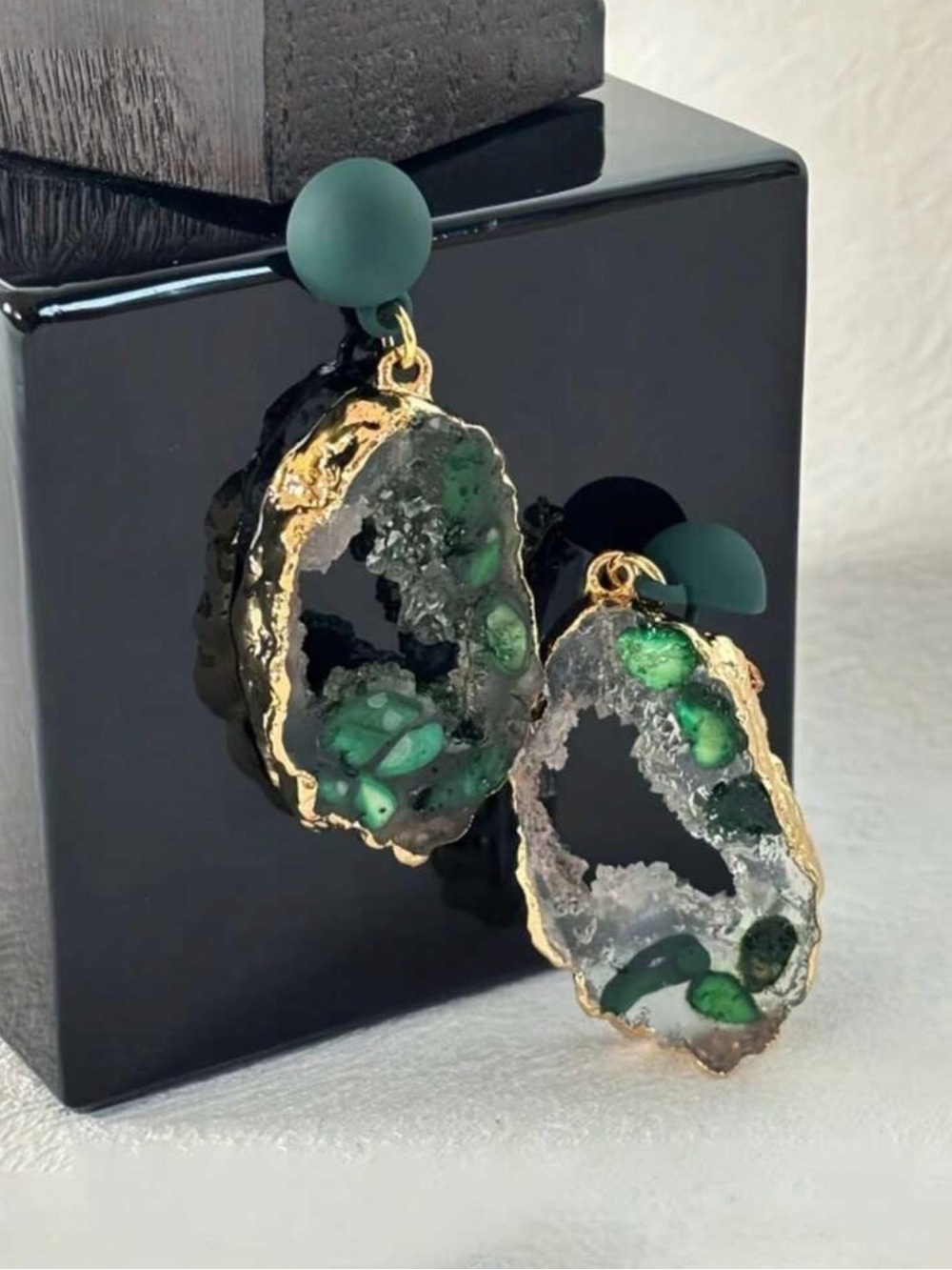 Green Geode Drop Earrings - Gold Trim
